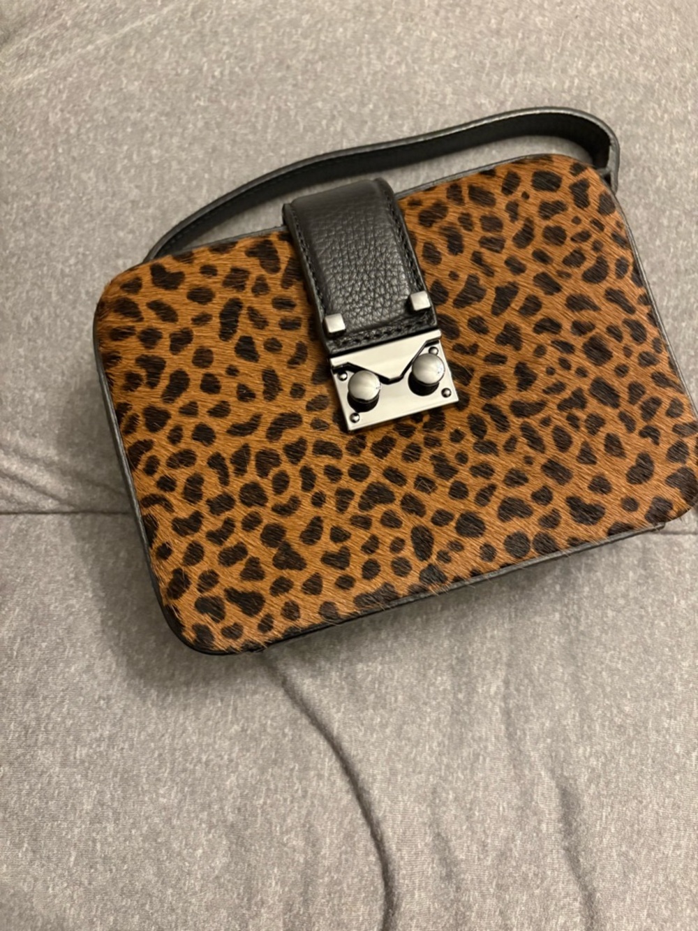 AQUA: Leopard Print Faux-Hair Crossbody Bag with Black Trim